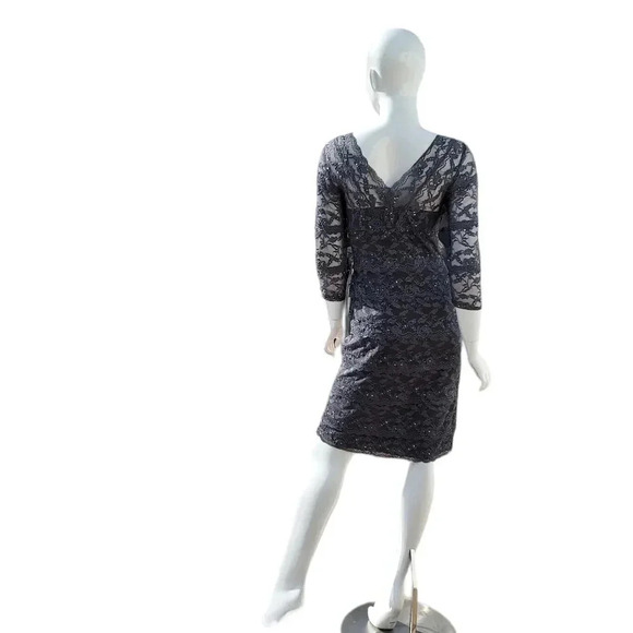 Cache' Gray Sequin Lace Layered V-Neck Sheath Lined Cocktail Dress, Size 8 - Picture 4 of 12
